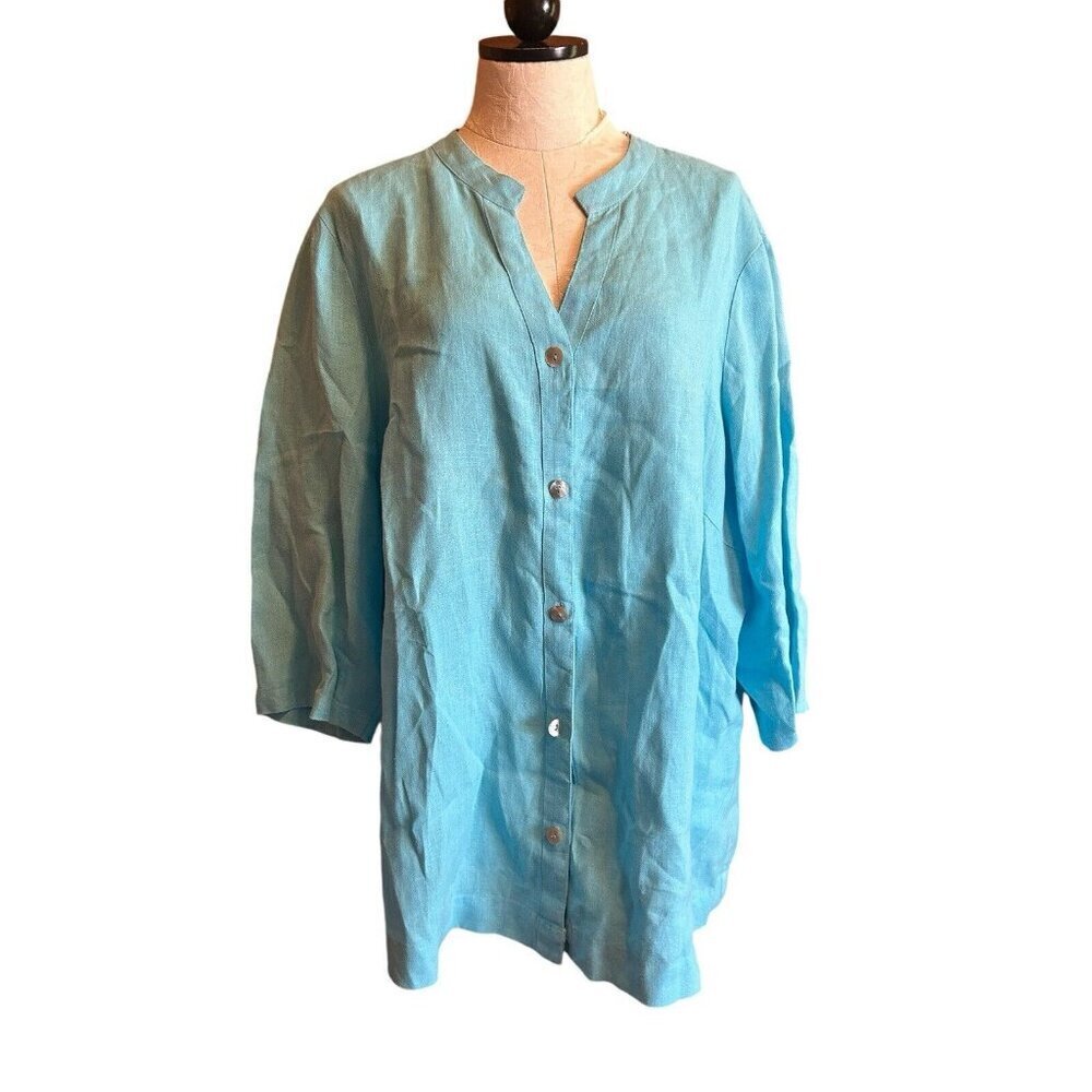 Hot Cotton 100% Linen Plus Size‎ 1X Solid Long Sleeve Button Down Top Turquoise